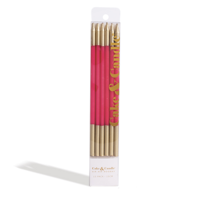 Gold Double Dipped Cake Candles - Hot Pink (Pack of 12)