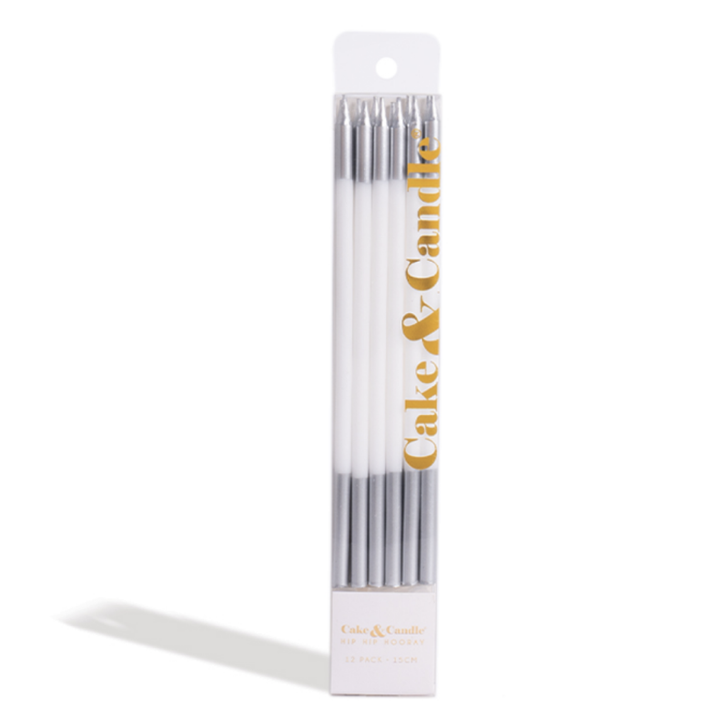 Silver Double Dipped Cake Candles - White (Pack of 12)