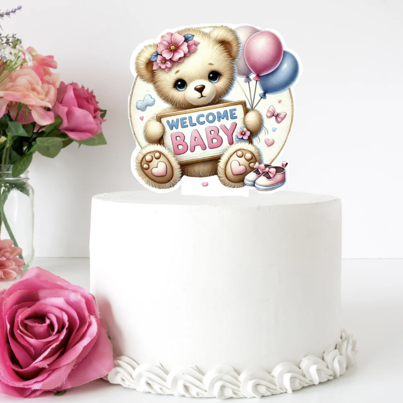 Welcome Baby Teddy Bear Large Pre-cut Edible Wafer Card Topper